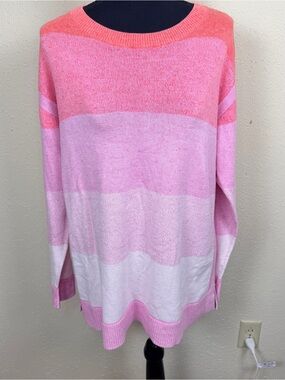 Talbots Women’s Size Large Pink and Coral Striped Crewneck Sweater 100% Cotton